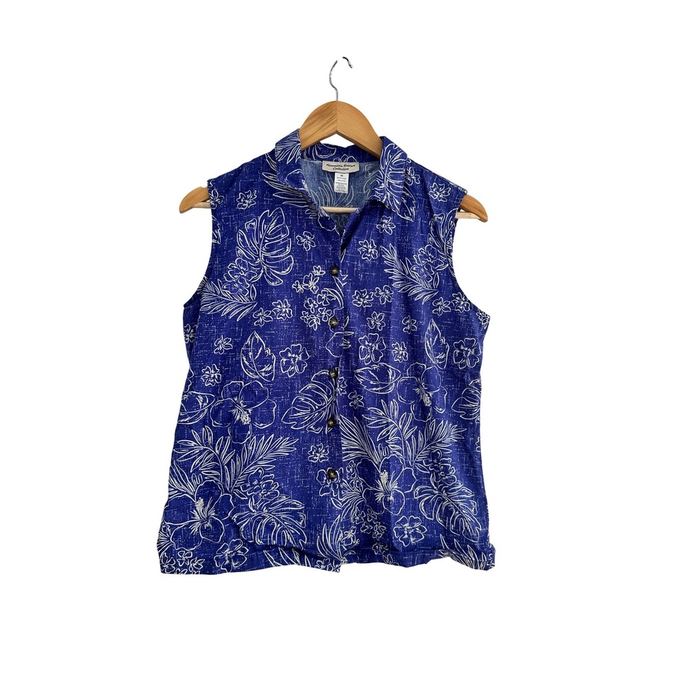 Hawaiian Reserve Collection Blue Tropical Floral Cotton Sleeveless Shirt Medium